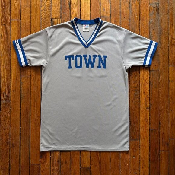 Vintage 80s Majestic USA Made Single Stitch Men Grey Blue TOWN Baseball Jersey - Picture 1 of 5